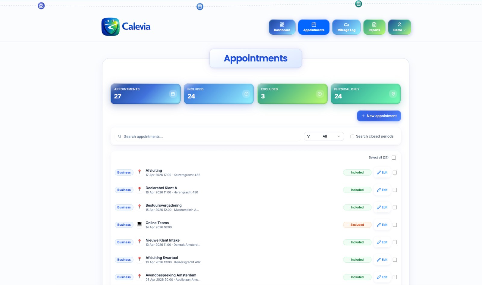Calevia appointments overview: calendar events converted to trips with automatic category