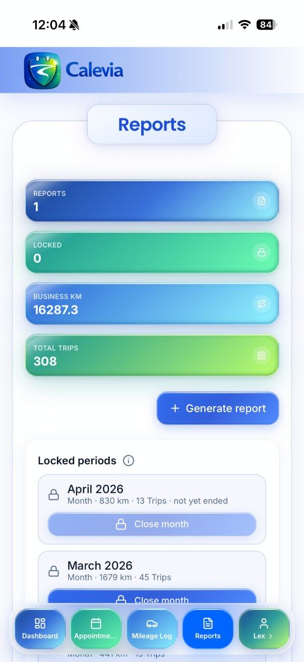 Calevia mobile app showing trip list and categories