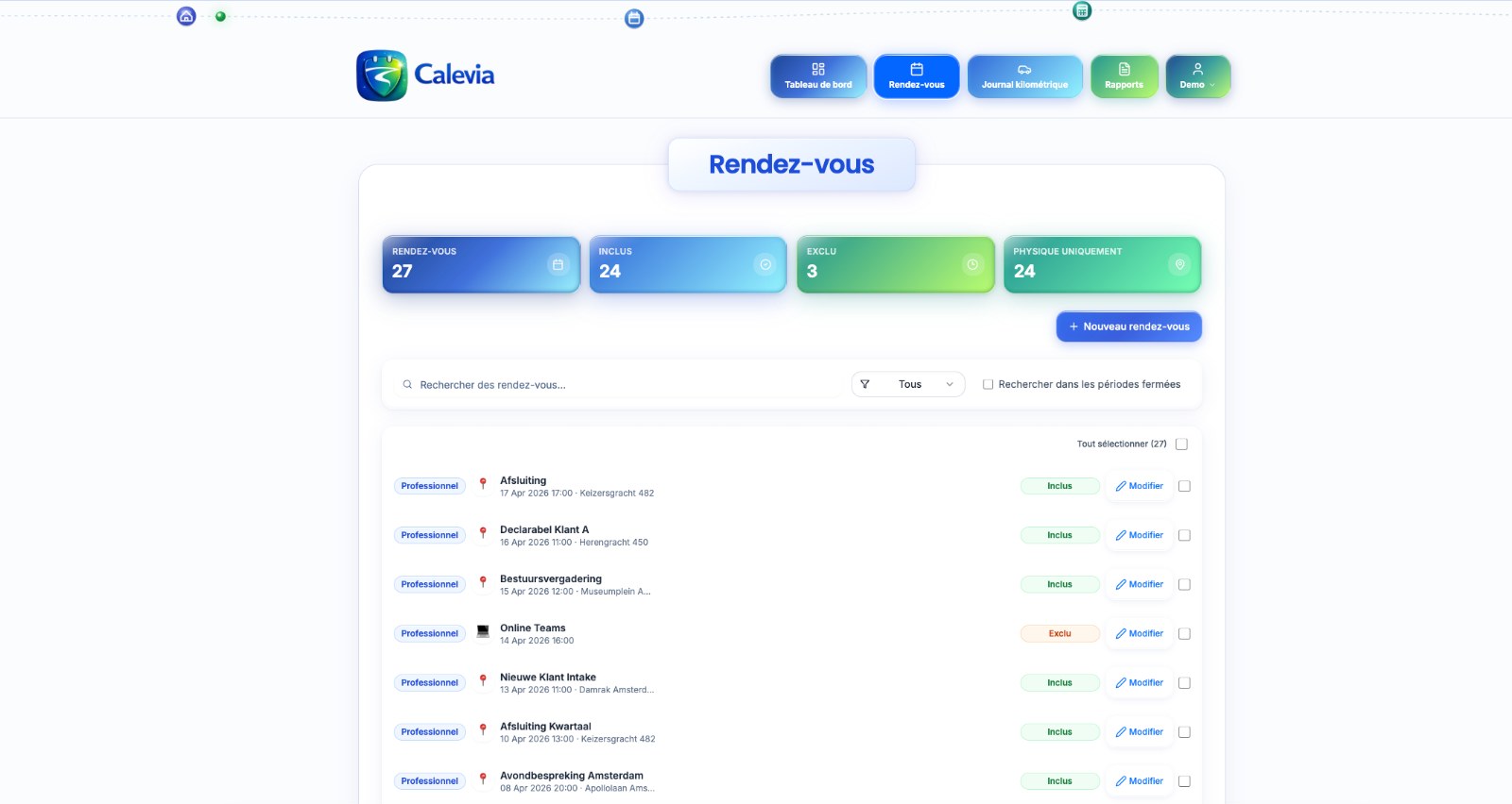 Vue des rendez-vous Calevia : événements d'agenda convertis en trajets avec catégorie automatique