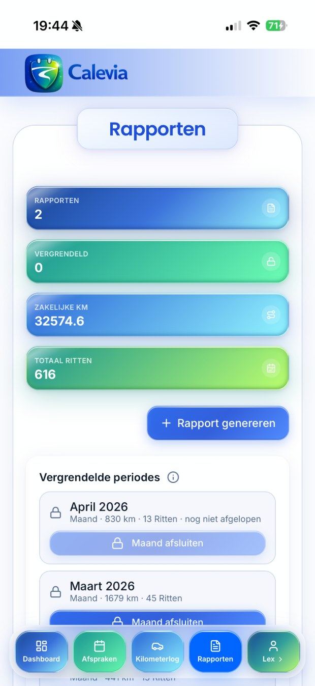 Calevia mobiele app met rittenlijst en categorieën