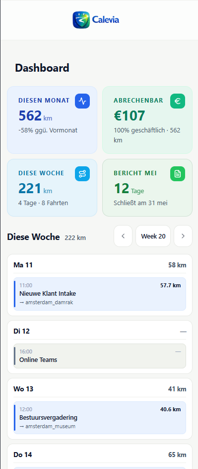 Calevia Mobile-App mit Fahrtenliste und Kategorien
