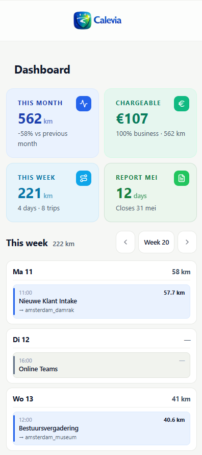 Calevia mobile app showing trip list and categories