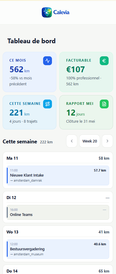 Application mobile Calevia avec liste des trajets et catégories