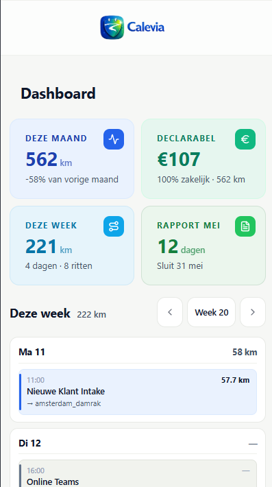 Calevia mobiele app met rittenlijst en categorieën